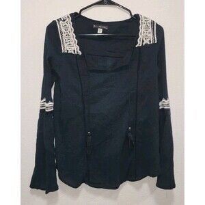 Black White Boho Billabong Long Sleeve Hippie Blouse Top 100% Cotton Sz M